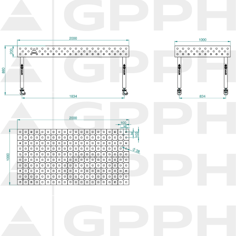 Stół ECO 2000x1000 mm fi28 diagonalna koła Rysunek techniczny