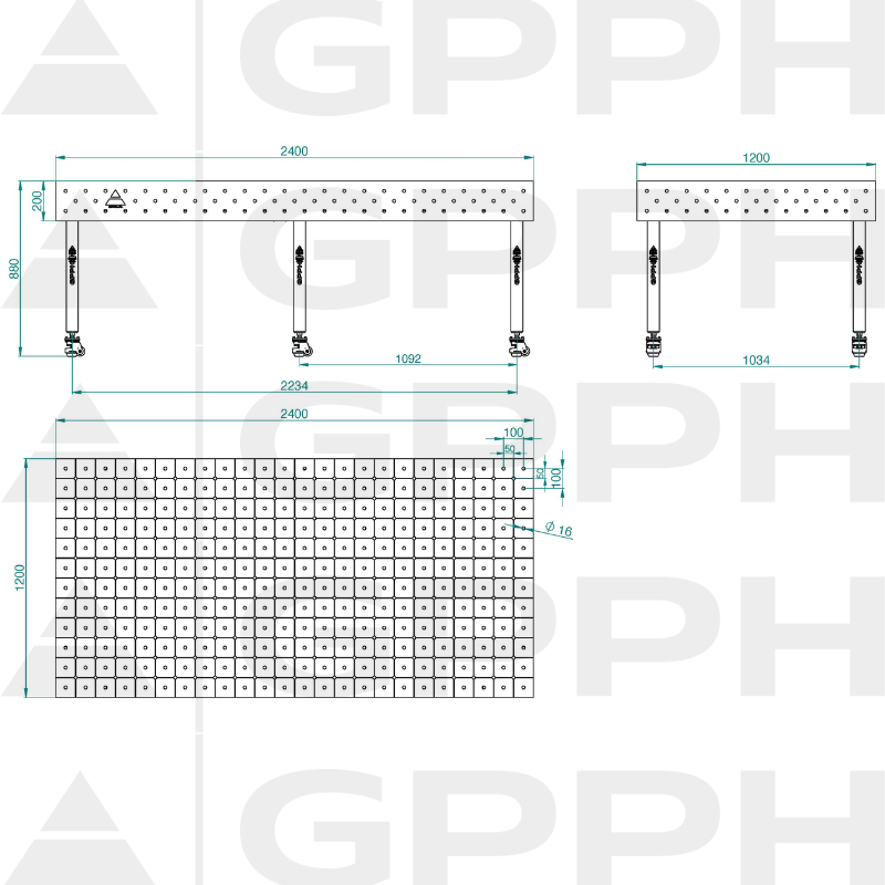 Stół ECO 2400x1200 mm fi16 diagonalna koła Rysunek techniczny