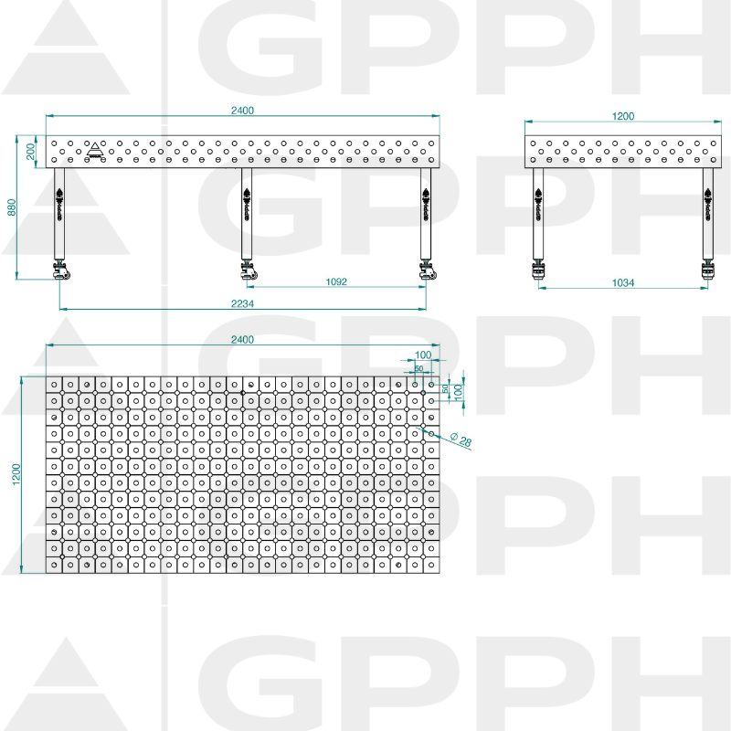 Stół ECO 2400x1200 mm fi28 diagonalna koła Rysunek techniczny