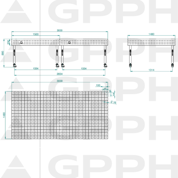 Zavarivački stol ECO 3000x1480 mm fi16 50x50 kotači - tehnički crtež