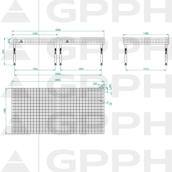 Zavarivački stol ECO 3000x1480 mm fi16 50x50 stope - tehnički crtež