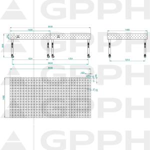 Zavarivački stol ECO 3000x1480 mm fi16 dijagonalna kotači - tehnički crtež