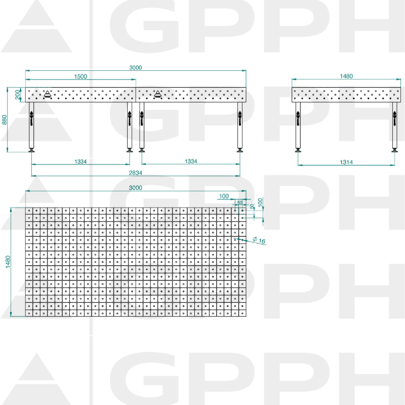 Stół ECO 3000x1480 mm fi16 diagonalna stopy Rysunek techniczny