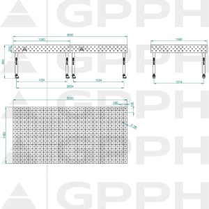 Zavarivački stol ECO 3000x1480 mm fi28 100x100 kotači - tehnički crtež