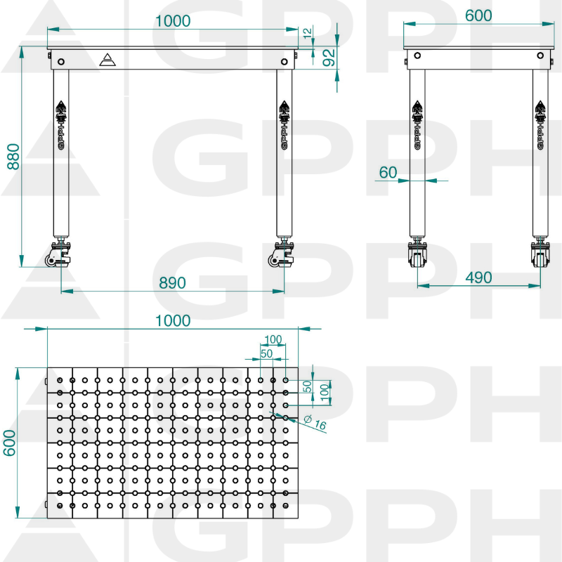 BASIC table 1000x600 mm fi16 50x50 wheels