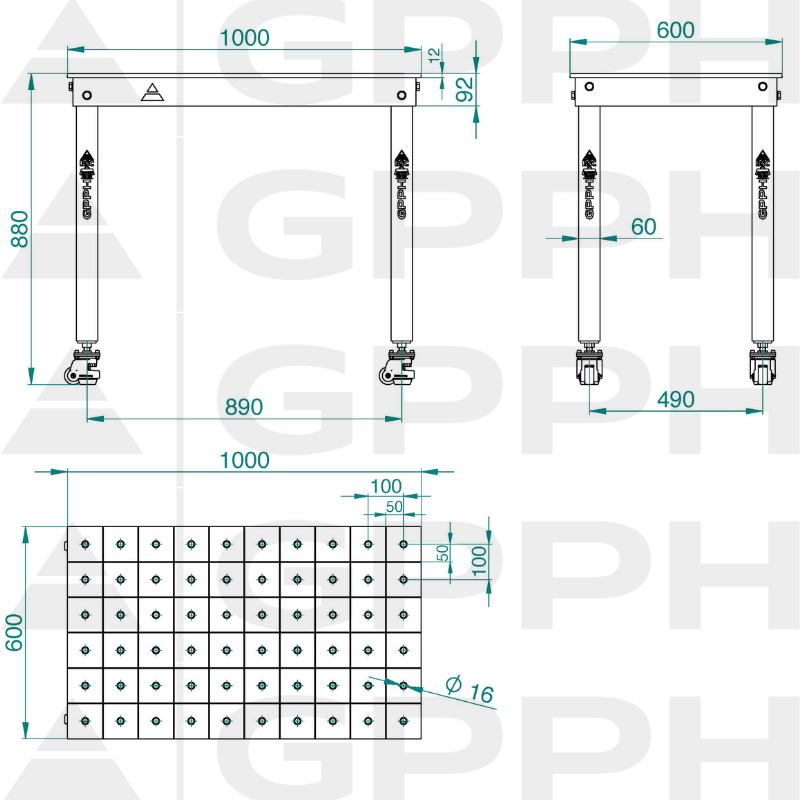 BASIC table 1000x600 mm, diameter 16, 100x100 wheels