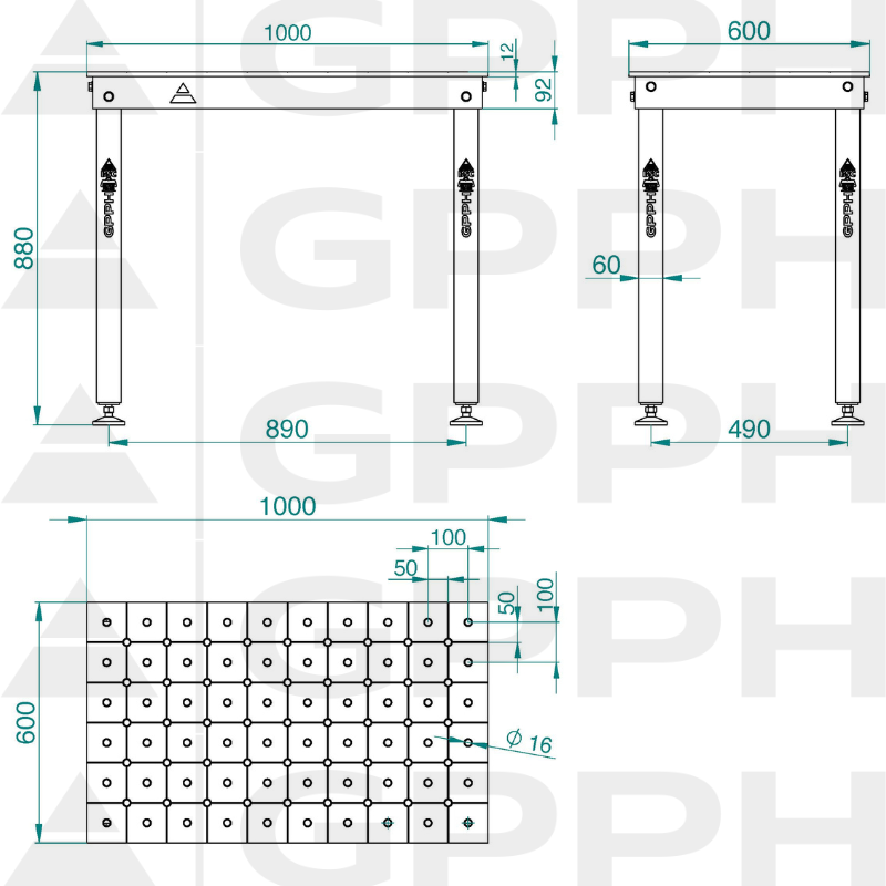 BASIC table 1000x600 mm fi16 diagonal feet