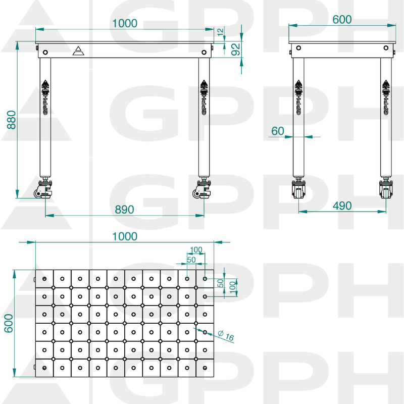 BASIC table 1000x600 mm, fi16 diagonal wheels