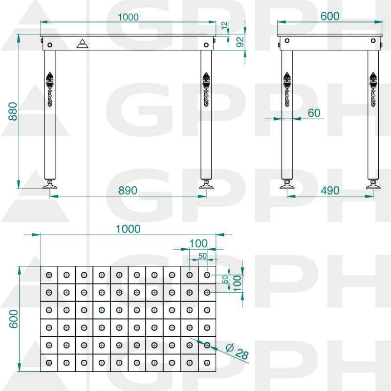 BASIC table 1000x600 mm, Ø28, 100x100 feet