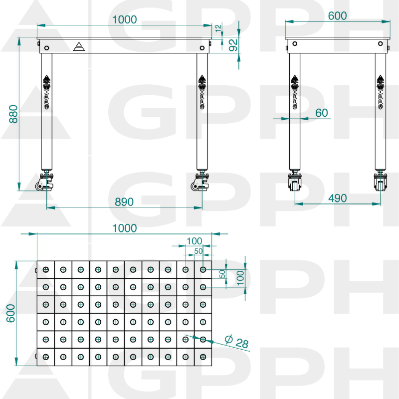 BASIC table 1000x600 mm, fi28, 100x100 wheels