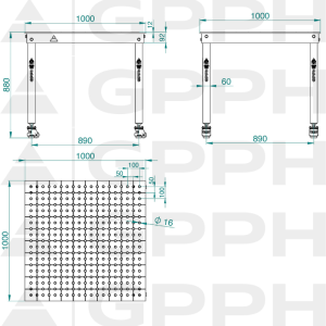 Table BASIC 1000x1000 mm Φ16 50x50 sur roulettes