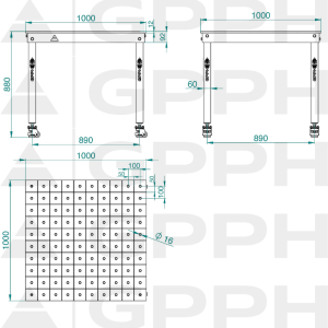 Table BASIC 1000x1000 mm Φ16 100x100 sur roulettes