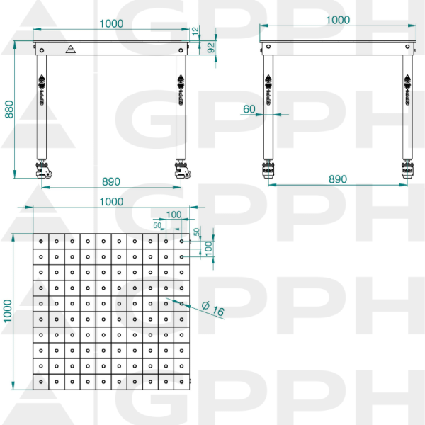Table BASIC 1000x1000 mm Φ16 100x100 sur roulettes