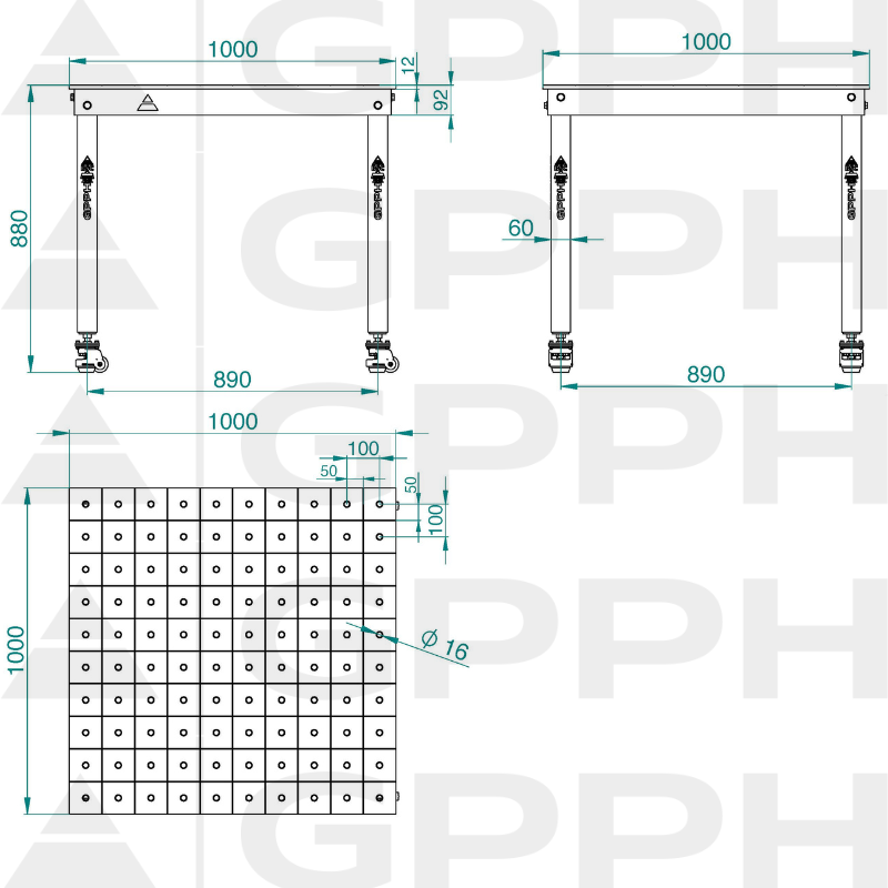 BASIC table 1000x1000 mm fi16 100x100 wheels