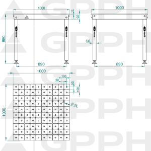 Table BASIC 1000x1000 mm Φ16 diagonale sur embases