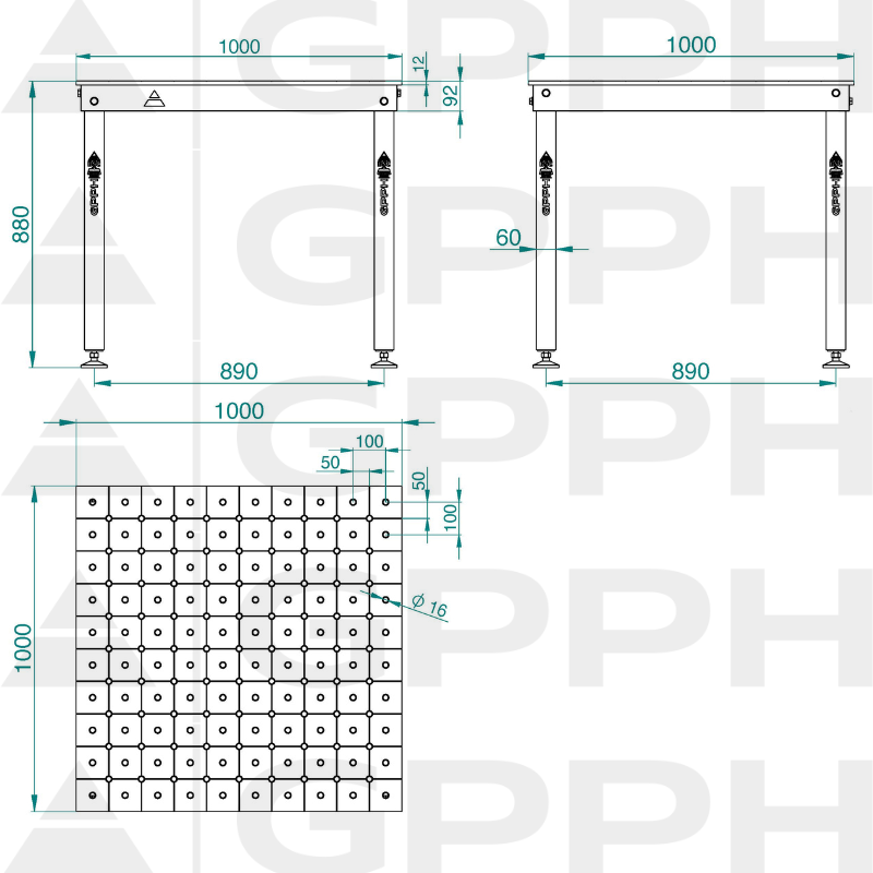 BASIC table 1000x1000 mm fi16 diagonal feet