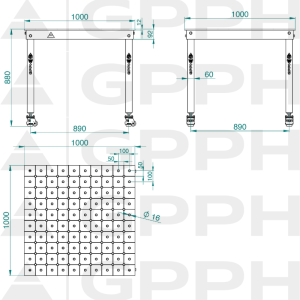 Table BASIC 1000x1000 mm Φ16 diagonale sur roulettes
