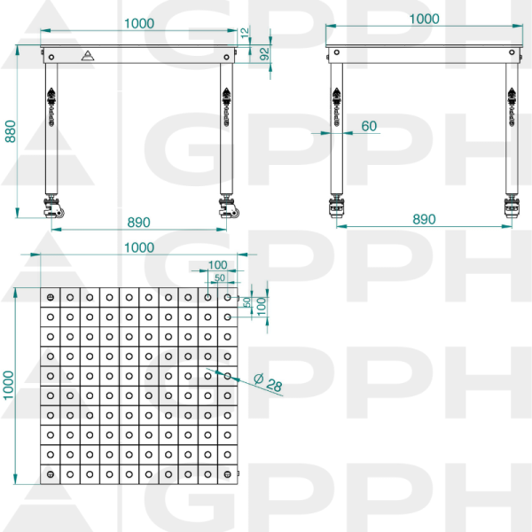 Table BASIC 1000x1000 mm Φ28 100x100 sur roulettes