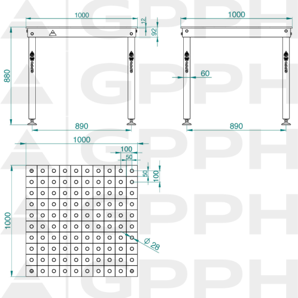 Table BASIC 1000x1000 mm Φ28 100x100 sur embases