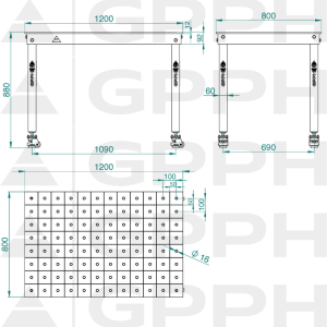Technický výkres Stůl BASIC 1200x800 mm Φ16 100x100 kolečka