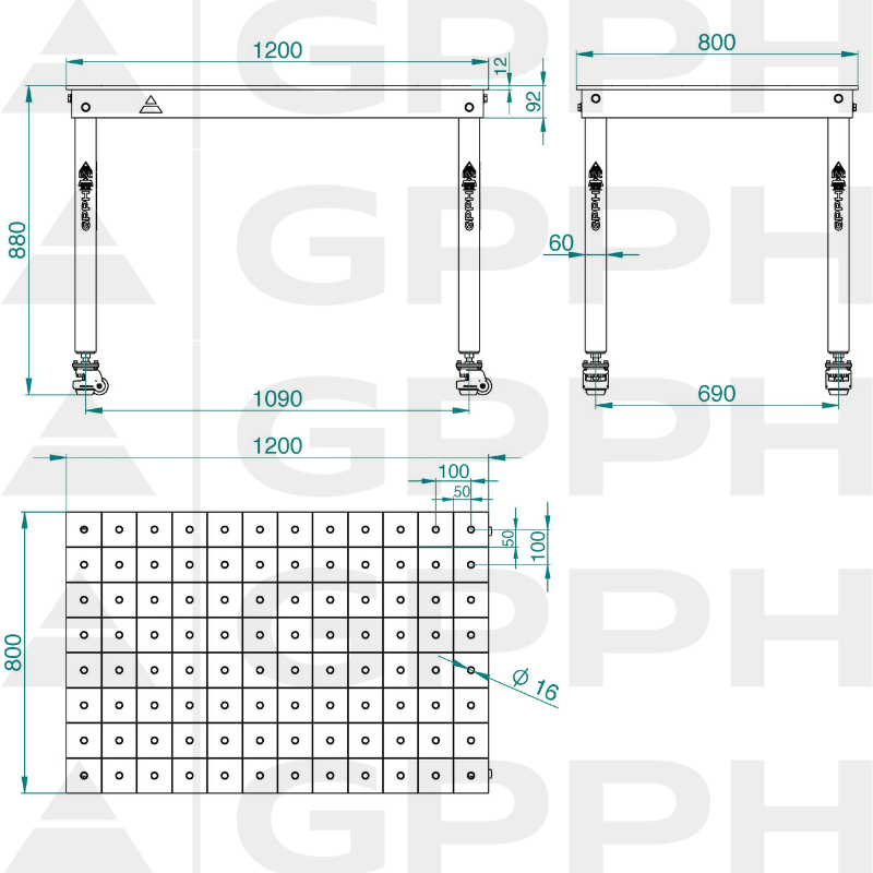 Dibujo técnico Mesa BASIC 1200x800 mm Φ16 100x100 sobre roues