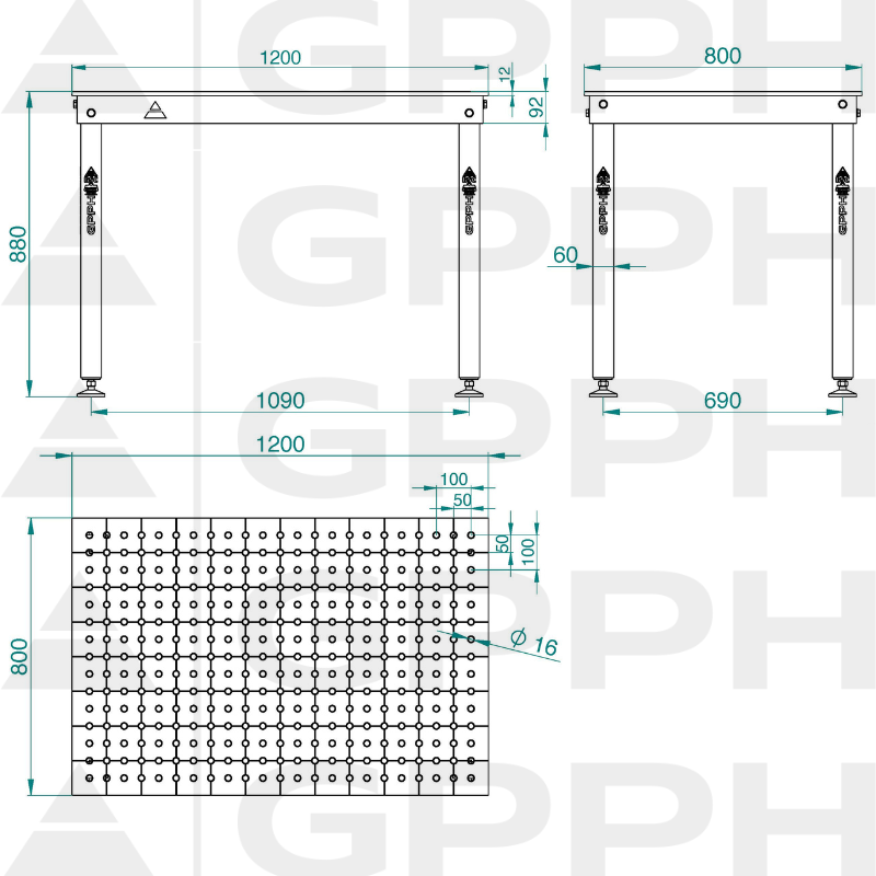 Dibujo técnico Mesa BASIC 1200x800 mm Φ16 50x50 sobre pies