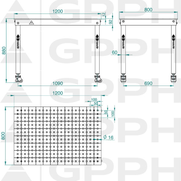 Technický výkres Stůl BASIC 1200x800 mm Φ16 50x50 kolečka