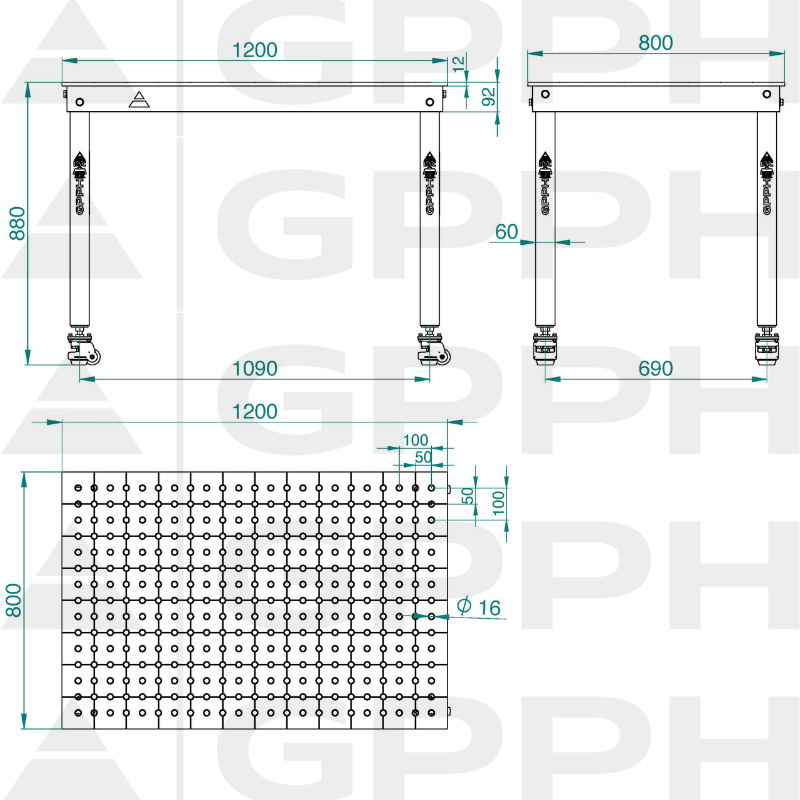 Dibujo técnico Mesa BASIC 1200x800 mm Φ16 50x50 sobre roues