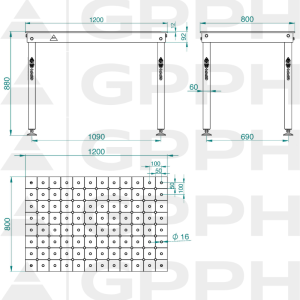 Technický výkres Stůl BASIC 1200x800 mm Φ16 diagonální patky