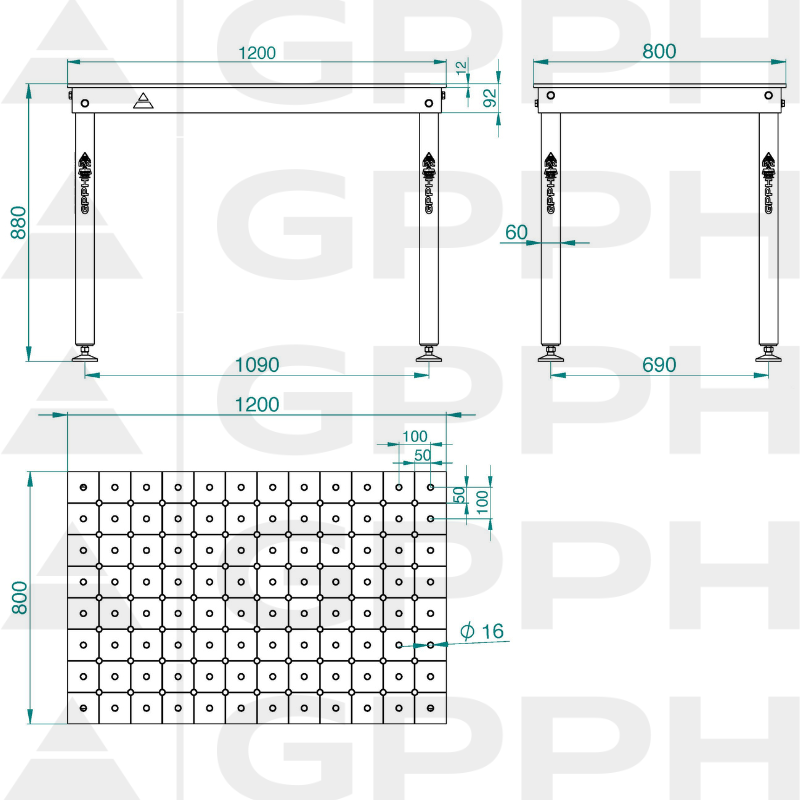 Dibujo técnico Mesa BASIC 1200x800 mm Φ16 diagonal sobre pies