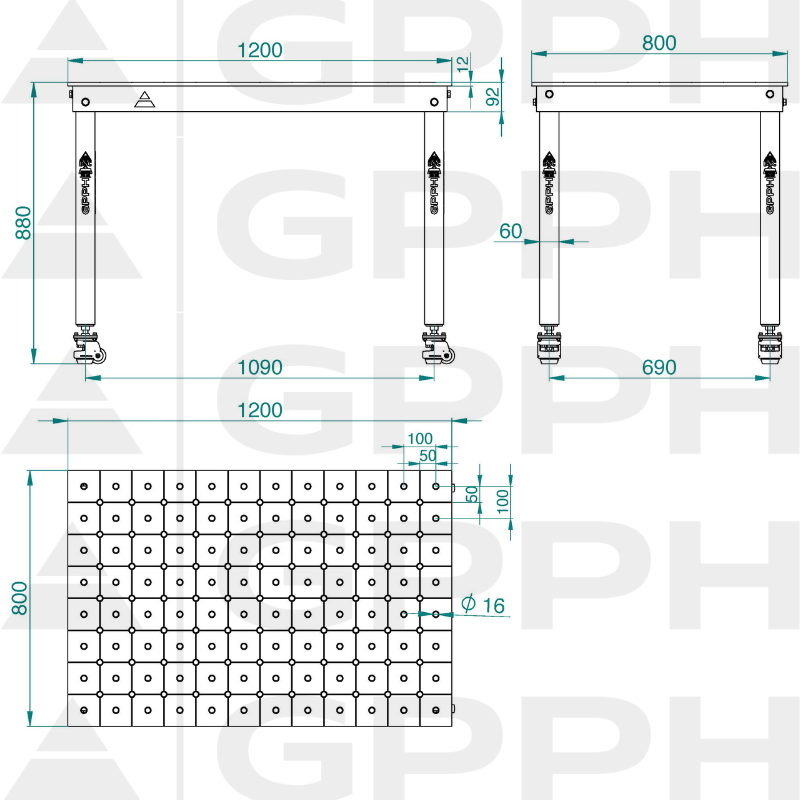 Dibujo técnico Mesa BASIC 1200x800 mm Φ16 diagonal sobre roues