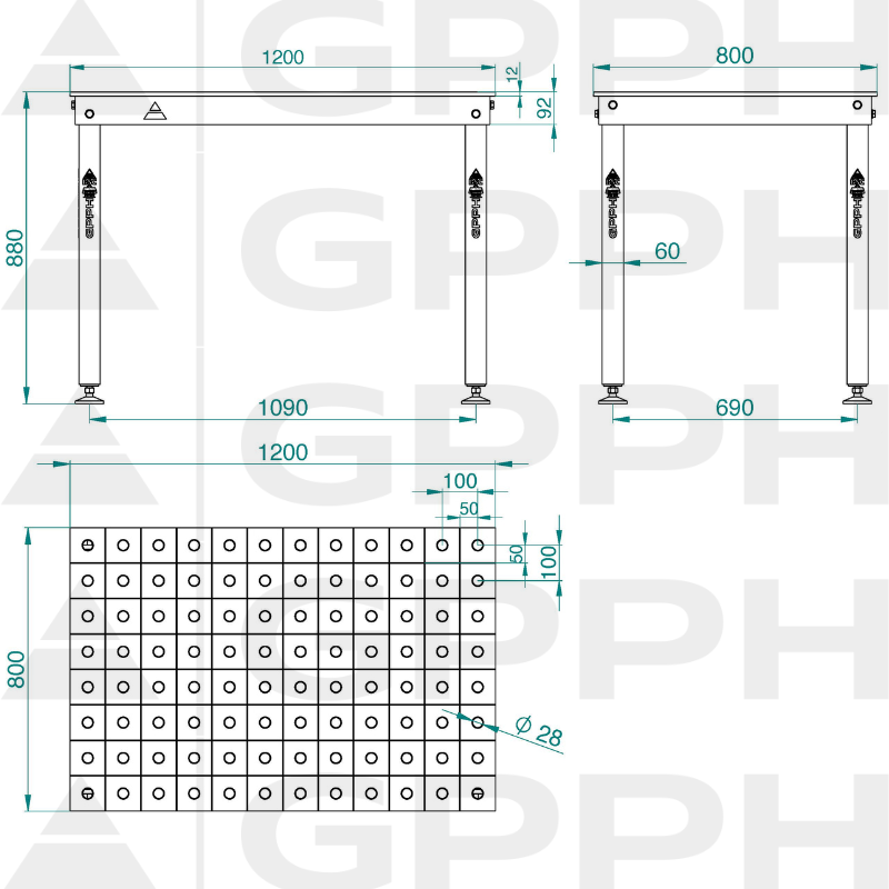 Dibujo técnico Mesa BASIC 1200x800 mm Φ28 100x100 sobre pies