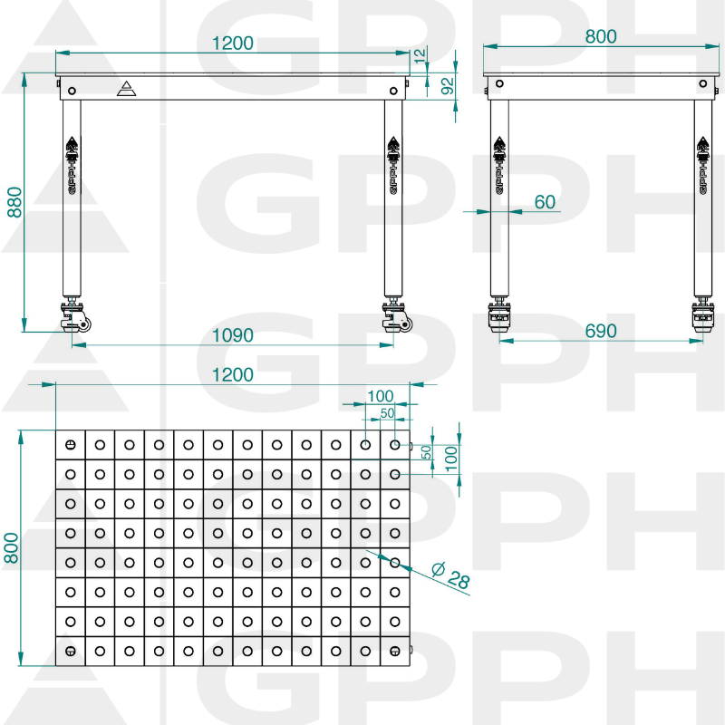 Dibujo técnico Mesa BASIC 1200x800 mm Φ28 100x100 sobre roues