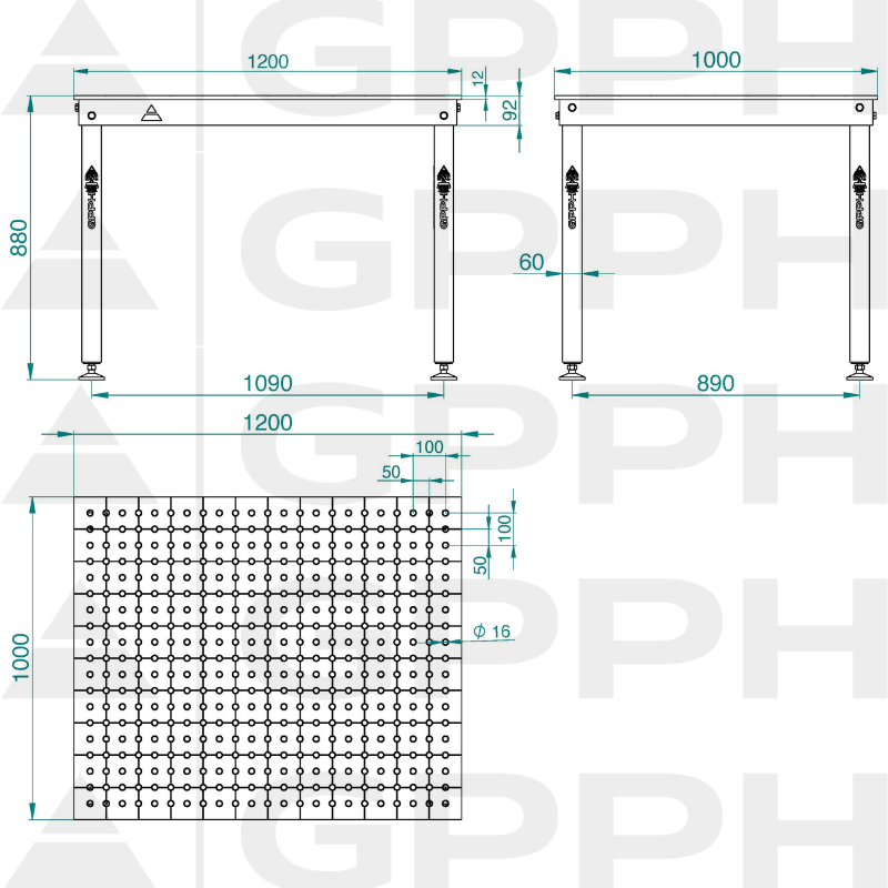 Technical drawing BASIC table 1200x1000 mm fi16 50x50 feet