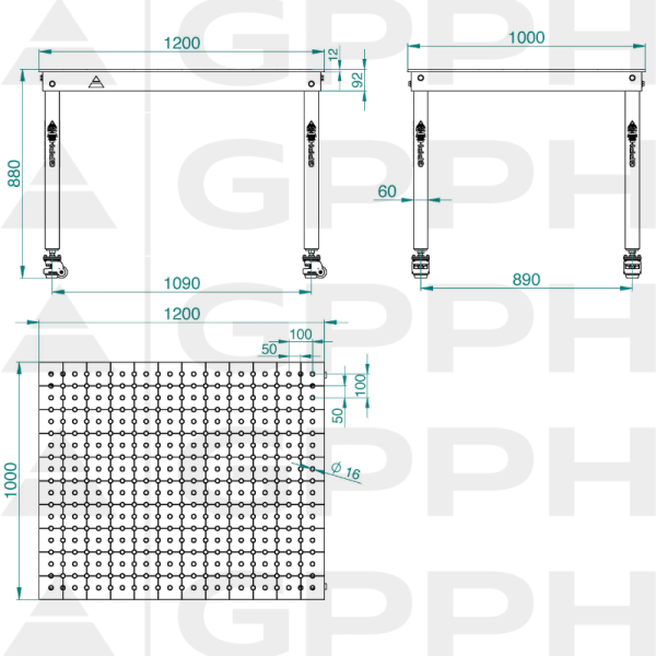 Technický výkres Stůl BASIC 1200x1000 mm fi16 50x50 kolečka