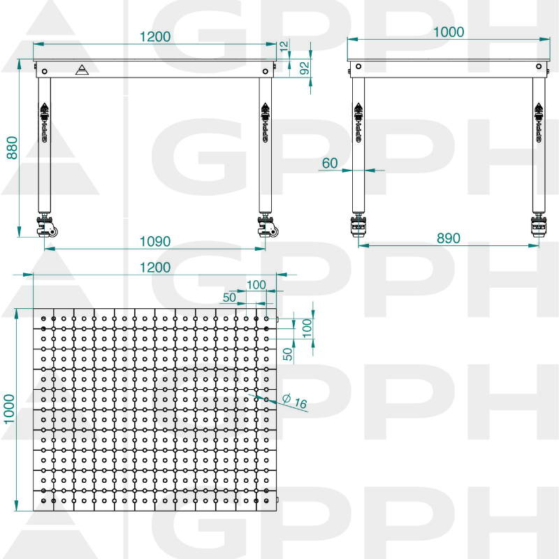 Technical drawing BASIC table 1200x1000 mm fi16 50x50 wheels