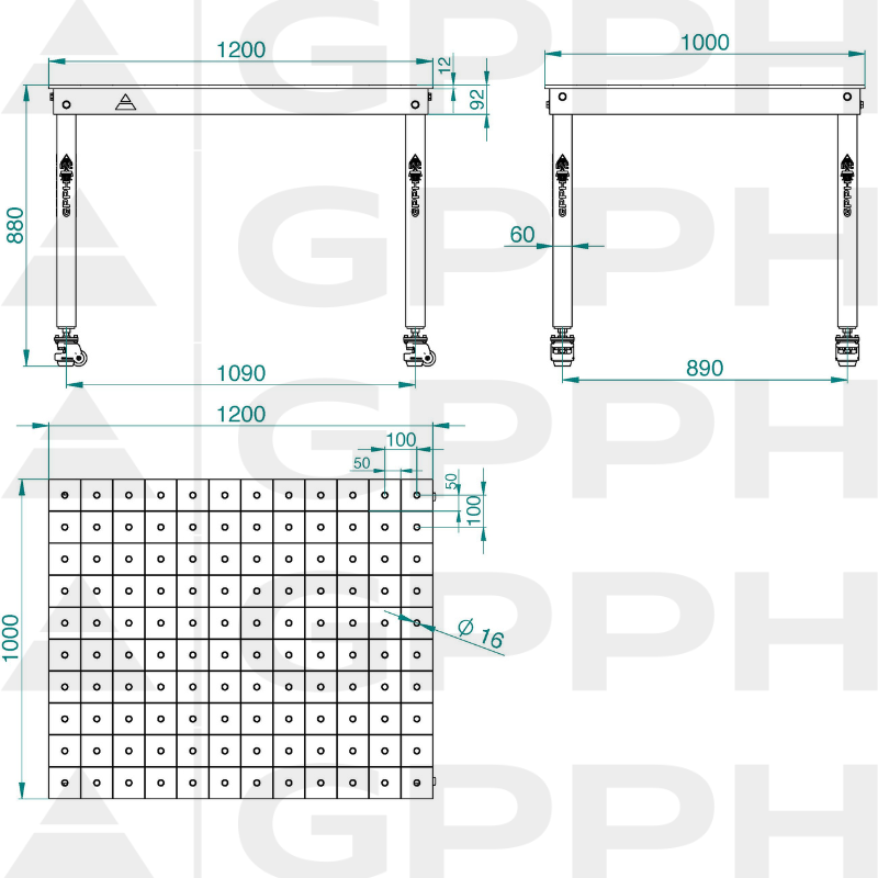 Technical drawing BASIC table 1200x1000 mm fi16 100x100 wheels