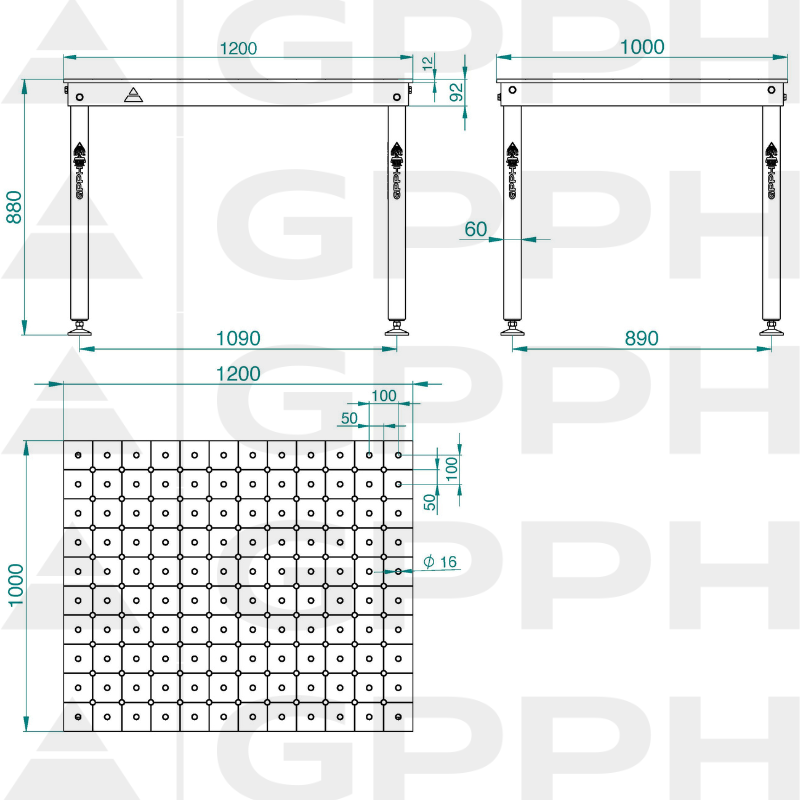Technical drawing BASIC table 1200x1000 mm fi16 diagonal feet