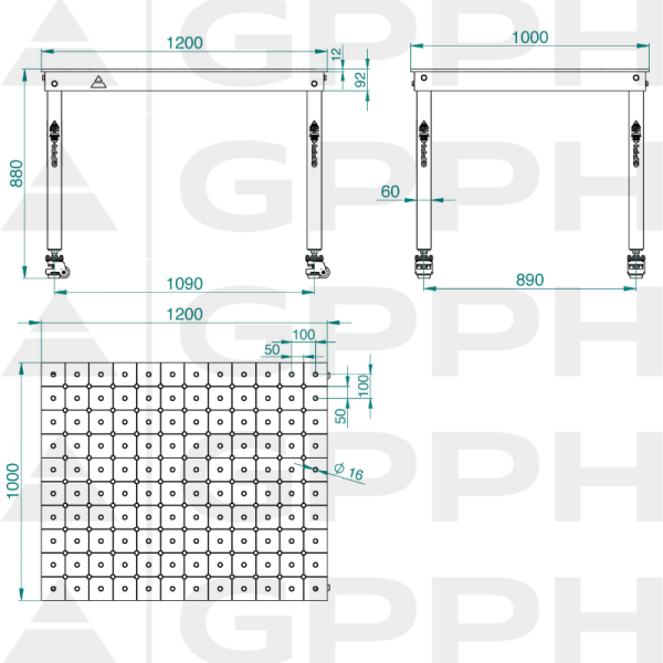 Technický výkres Stůl BASIC 1200x1000 mm fi16 diagonální kolečka