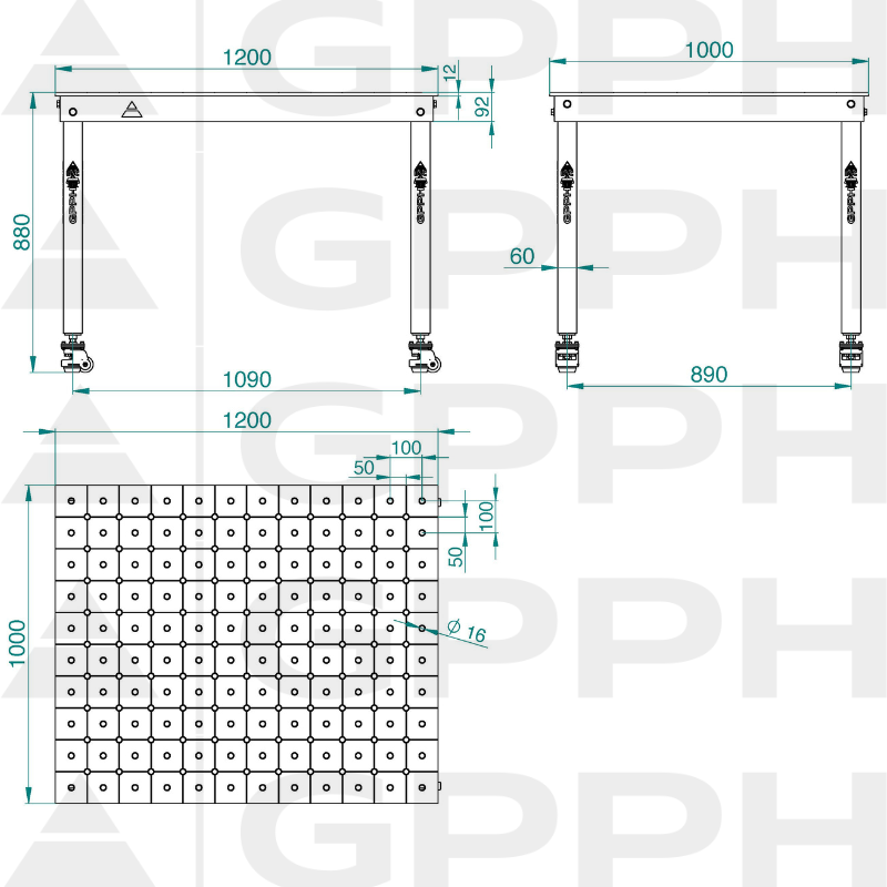 Technical drawing BASIC table 1200x1000 mm fi16 diagonal wheels