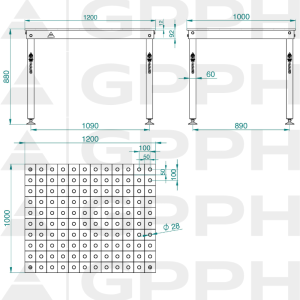 Technický výkres Stůl BASIC 1200x1000 mm fi28 100x100 nohy