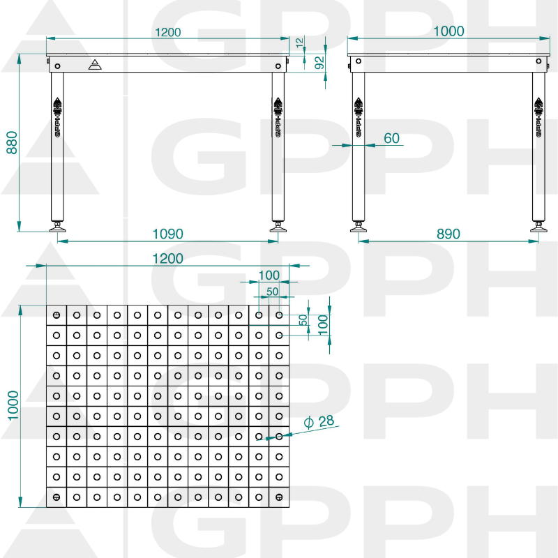 Technical drawing BASIC table 1200x1000 mm fi28 100x100 feet