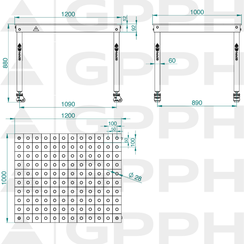 Technical drawing BASIC table 1200x1000 mm fi28 100x100 wheels