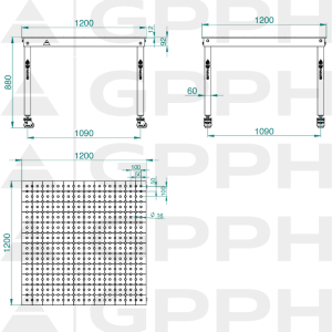 Dibujo técnico Mesa BASIC 1200x1200 mm fi16 50x50 ruedas