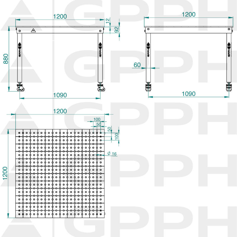 Technische Zeichnung Tisch BASIC 1200x1200 mm fi16 50x50 Räder