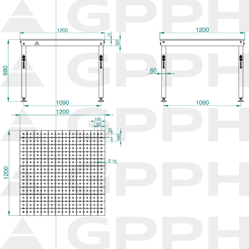 Technische Zeichnung Tisch BASIC 1200x1200 mm fi16 50x50 Füße