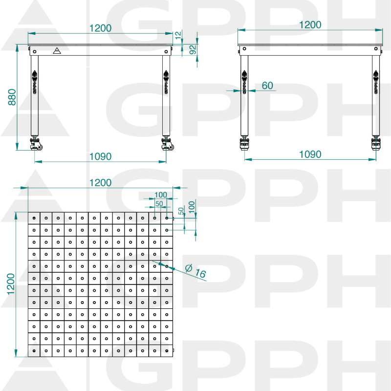 Technische Zeichnung Tisch BASIC 1200x1200 mm fi16 100x100 Räder