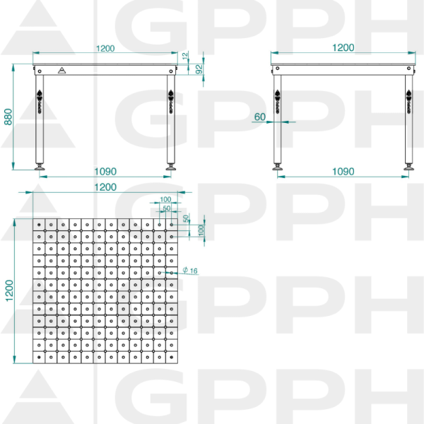 Dibujo técnico Mesa BASIC 1200x1200 mm fi16 diagonal pies