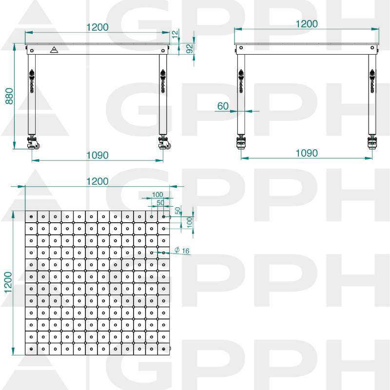 Technische Zeichnung Tisch BASIC 1200x1200 mm fi16 diagonale Räder