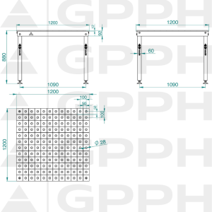 Dibujo técnico Mesa BASIC 1200x1200 mm fi28 100x100 patas